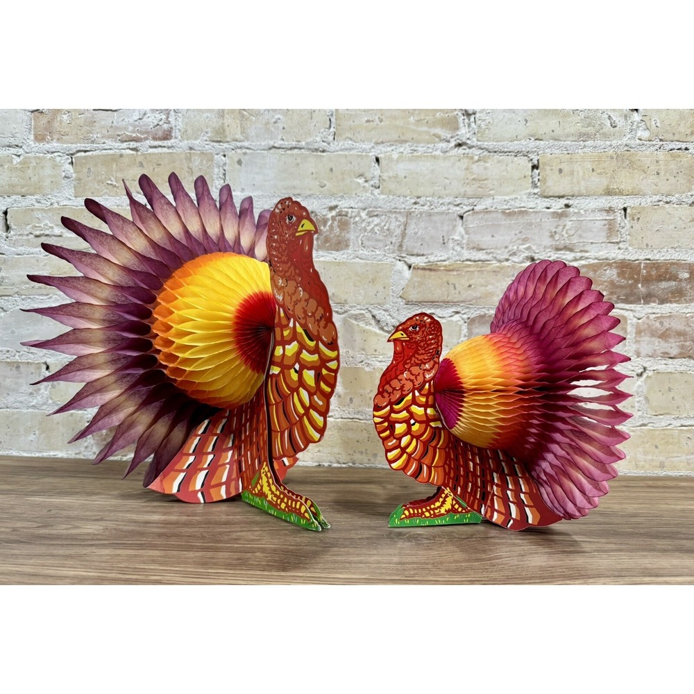 Vtg Die Cut Thanksgiving Turkey Table Decor Tissue Honeycomb Feather Set 9" 13"